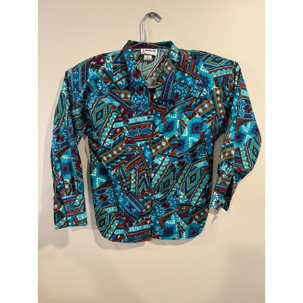 Banjo Shirt‎ Women's Small Multicolor Geometric Long Sleeve Collared Button-Up